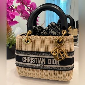 Lady Dior Beige and Dark Blue Rattan Bag